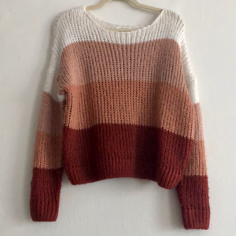 12th Tribe white, mauve pink, orange and red Too Soon knit sweater